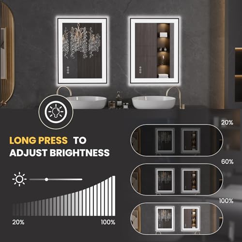 LOAAO 24"X32" LED Bathroom Mirror Black Framed | Anti-Fog, Dimmable, Memory Function, Tempered Glass, Lighted Vanity Mirror for Wall - size: 24"L x 32"W
