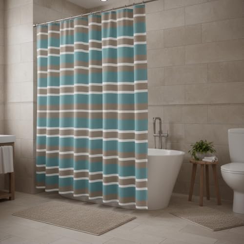Striped Fabric Shower Curtain, Aqua Brown White Coastal Design, 70 x 72 Inches, with Hooks - color: Wendy Blue