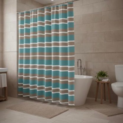 Striped Fabric Shower Curtain, Aqua Brown White Coastal Design, 70 x 72 Inches, with Hooks - color: Wendy Blue