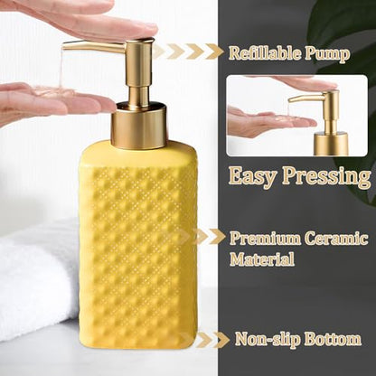 Comeon Hand Soap Dispenser Modern Ceramic Lotion Pump Bottle Yellow | Durable Ceramic Material, 11.84 FL OZ. /350 ML Capacity, Hand Lotion Pump Bottle, Liquid Hand Soap Jar Shower
