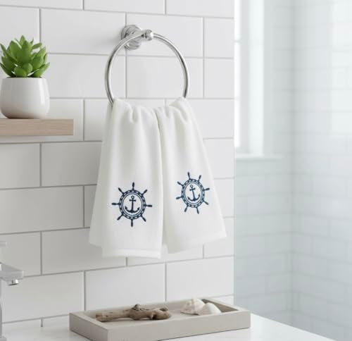 Serafina Home Summer Soft Absorbent Bathroom Coastal Guest Embroidered Fingertip Towels: Nautical Captain's Wheel Design, 2 Piece 12" x 18" Inches - color: Captains Wheel