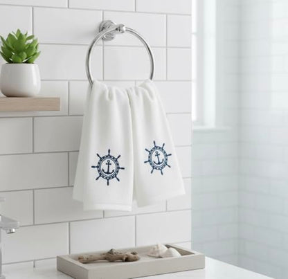 Serafina Home Summer Soft Absorbent Bathroom Coastal Guest Embroidered Fingertip Towels: Nautical Captain's Wheel Design, 2 Piece 12" x 18" Inches - color: Captains Wheel