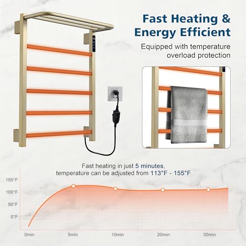 Heated Towel Racks, 5 Bars Towel Warmer with 24hr Timer Stainless Steel Wall Mounted Electric Towel Warmers for Bathroom - color: Gold
