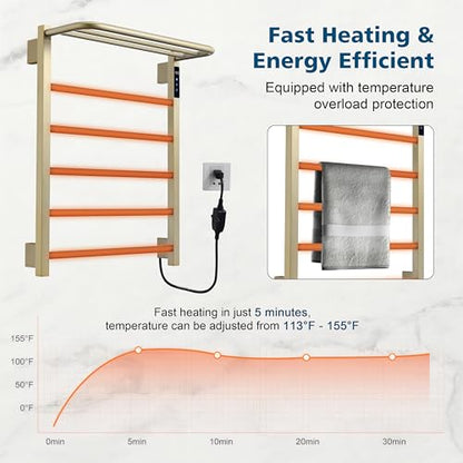 Heated Towel Racks, 5 Bars Towel Warmer with 24hr Timer Stainless Steel Wall Mounted Electric Towel Warmers for Bathroom - color: Gold