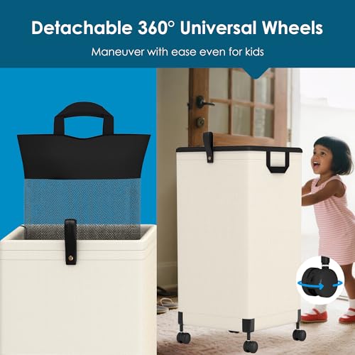 Laundry Basket with Wheels 105L, Large Rolling Laundry Hamper with Removable Bag, Metal Frame Collapsible Dirty Clothes Bin, Cloth Organizer Hampers Pull Handle for Bathroom, Dorm, Bedroom White - color: White - 1 Pack