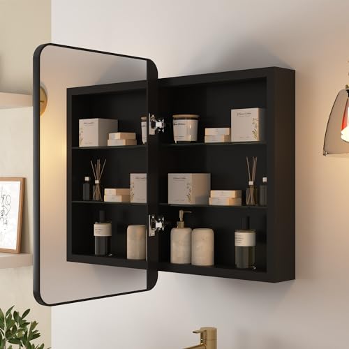 DeerValley 16 x 24 Inch Medicine Cabinet with Mirror, Black Bathroom Mirror Cabinet, Surface Mount, Adjustable Glass Shelves, Aluminum Framed Slow-Closing Door, Dual-Sided Mirrors - size: 16" x 24''