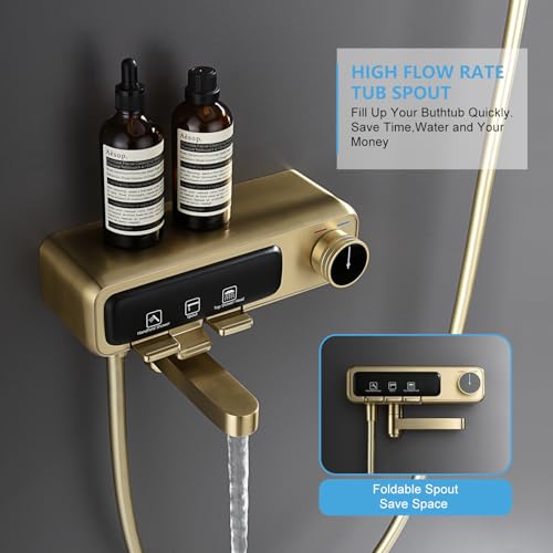 Rainfall Showerhead and Handle Set, 10" Bathroom Shower System, 3 Functions Wall Mounted Shower Faucet Complete Combo Solid Brass with Foldable Tub Spout Modern Bathtub Faucet Shower Trim Kit - color: Brushed Gold