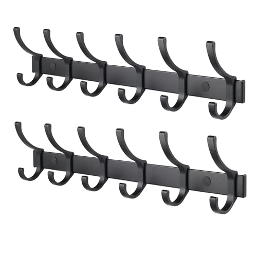 Coat Rack 2 Pack Wall Mounted - 6 Double Hooks, Matte Black, Heavy Duty, Aeropace Grade Aluminum Alloy, Metal Coat Hook Hanger Entryway Bathroom (6 Double Hooks - 2 Pack) - color: Matte Black, size: 6 Hooks - 2 Pack