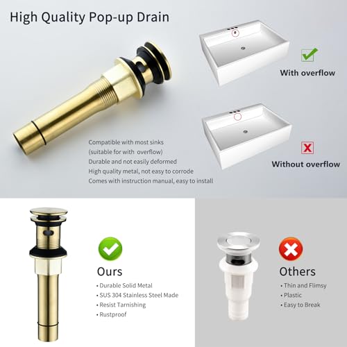 Brushed Gold Bathroom Sink Faucet 3 Hole | Waterfall Bathroom Faucet 4 Inch Centerset with Pop-Up Drain，2 Handle Stainless Steel Faucets for Bathroom Sink Vanity RV