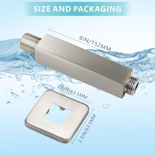 Ceiling Mounted Shower Arm with Flange, Universal Connection 1/2 NPT Straight, Made of Thicken Stainless Steel, Square Extension Arm for Fixed Rain Shower Head(6 Inch,Brushed Nickel) - color: Brushed Nickel, style: 6 Inch
