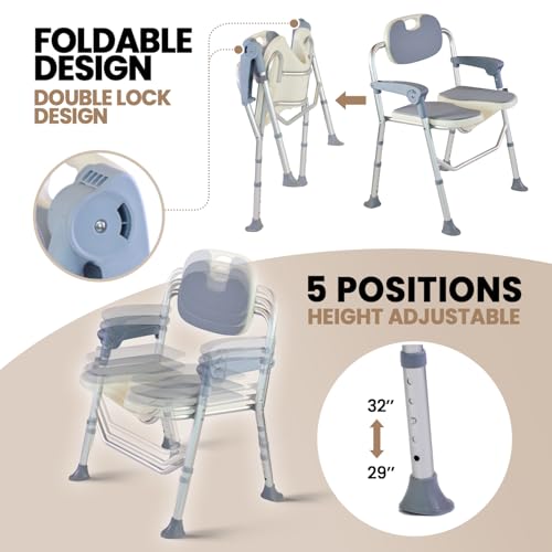 Medwarm Folding Shower Chair, U Shape Shower Chair with 5-Level Adjustable, Non-Slip Feet for Private Washing, Elderly, Disabled, Seniors & Pregnant, Heavy Duty Shower Chair