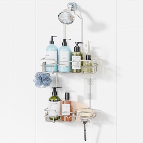 HapiRm Hanging Shower Caddy Organizer - Bathroom Organizer with 12 Hooks and Soap Holder, Rustproof Shower Shelf over Shower Head - Brushed Nickel - color: Brushed Nickel