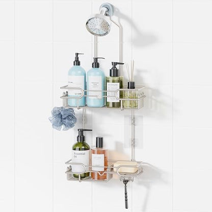 HapiRm Hanging Shower Caddy Organizer - Bathroom Organizer with 12 Hooks and Soap Holder, Rustproof Shower Shelf over Shower Head - Brushed Nickel - color: Brushed Nickel