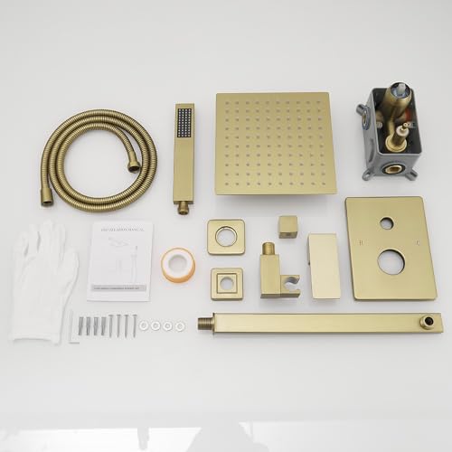 Brushed Gold Shower System Bathroom Luxury Rain Mixer Shower Combo Set Wall Mounted Rainfall Shower Head System Shower Faucet Rough-in Valve Body and Trim Kit - color: Brushed Gold, style: Handheld/Shower Faucet