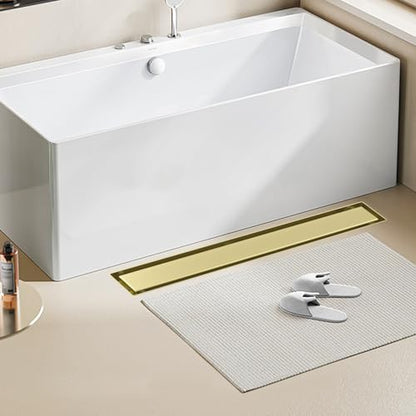 Brushed Gold 34-Inch Linear Shower Drain with Tile Insert Grate, Rectangle Floor Drain 304 Stainless Steel Including Hair Strainer - color: Gold, size: 34 IN