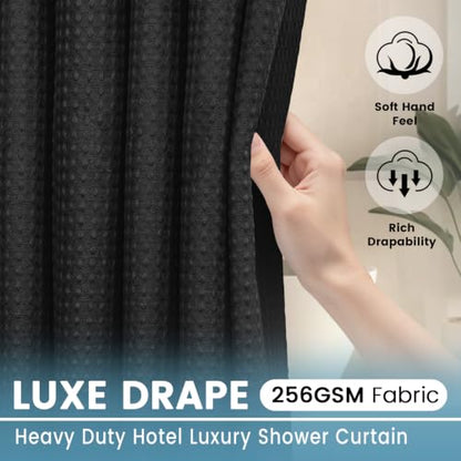 EUTXL 256GSM No Hook Waffle Weave Shower Curtain with Liner, 71x74, Black | Snap in Liner, Extra Thick, Heavy Drape, 3 in 1 Hotel Style Bath Curtain Set, Quick Dry, with Magnets, Waterproof & Washable - color: Black, size: 71"W x 74"L (Pack of 1)
