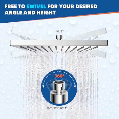 Hibbent cUPC Certified Metal High Pressure 10'' Rain Shower Head, Chrome | Square Large Bathroom Waterfall Thickness Shower Heads, High-flow Fixed Rainfall Showerheads, Adjustable Brass Ball Joint - color: Chrome, style: Square 10''