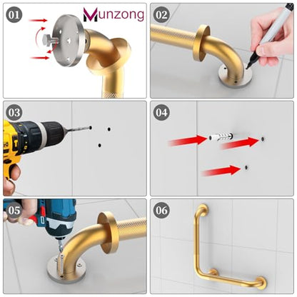 16x16 Inch Munzong Angled Gold Bathroom Grab Bars for Shower | Angled Grab Bar Anti Slip Stainless Steel Knurled Safety Handle Support Elderly Injury Senior - color: Gold