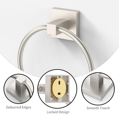 RUACQ 18inch Towel Bar, Towel Ring, Square Base 2pcs Bathroom Hardware Set Wall Mounted, Stainless Steel, Heavy Duty (Brushed Nickel)