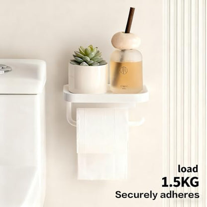 Self Adhesive Toilet Paper Holder with Shelf, No Drill Wall Mounted Bathroom Tissue Holder, Sticky TP Roll Holder with Phone Shelf for RV, White