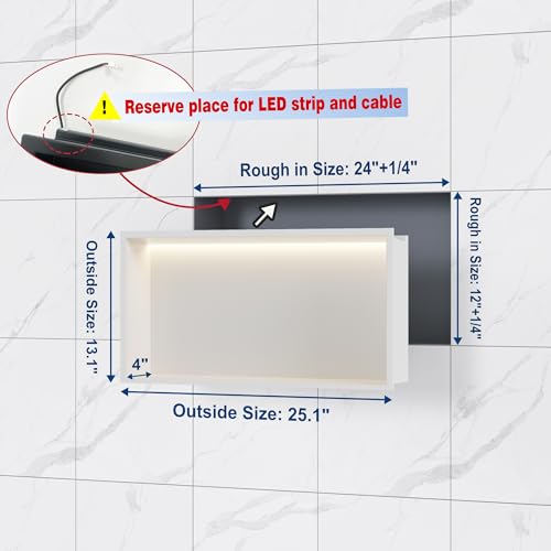 Qeke 24" X 12" Stainless Steel Shower Niche w/ 3 CCT Dimmable Light, White | No Tile Needed Wall Niche, Recessed Niche w/ Light(3000K/4000K/6000K), IP66 Waterproof, Space Saving & Durable - color: Matte White, size: 24" X 12"