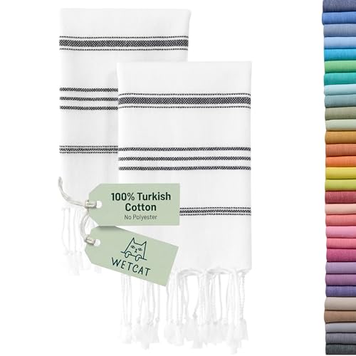 WETCAT Turkish Hand Towels with Hanging Loop, Set of 2 (20" x 30") 100% Turkish Cotton, Pre-Washed, Quick Drying, for Kitchen or Bathroom - Black & White - color: Black & White