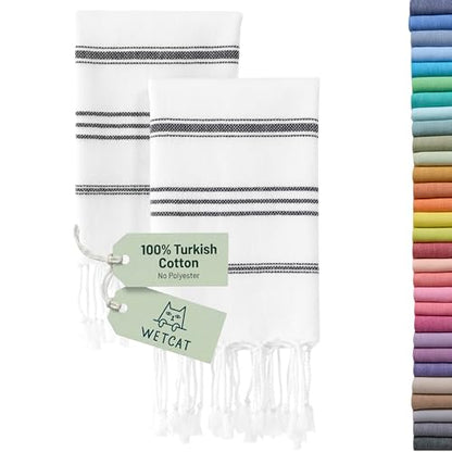 WETCAT Turkish Hand Towels with Hanging Loop, Set of 2 (20" x 30") 100% Turkish Cotton, Pre-Washed, Quick Drying, for Kitchen or Bathroom - Black & White - color: Black & White