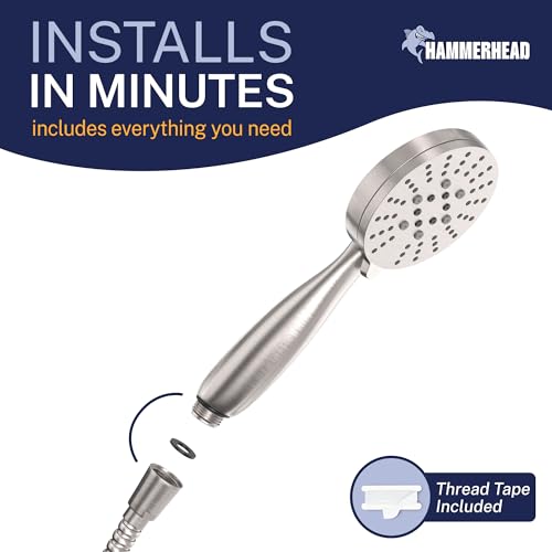 HammerHead Showers® Solid Metal 3-Spray Hand Held Shower Head, Brushed Nickel | Select from Wide, Massage, and Mist Sprays | 2.5 GPM High Flow Handheld Showerhead | Made from 304 Stainless Steel - color: Brushed Nickel, size: 2.5 GPM