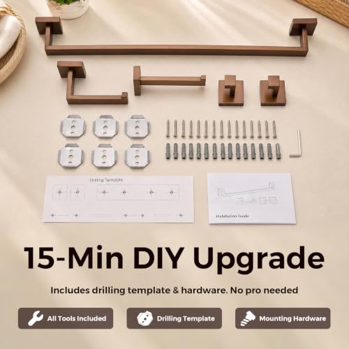 TRUSTMI Brushed Rose Gold 5-Piece Bathroom Hardware Set Wall Mount | SUS304 rose gold, laser-welded, 23.6" bar, 10.6" ring, 6.3" holder, 2 hooks, hardware included - color: Brushed Rose Gold
