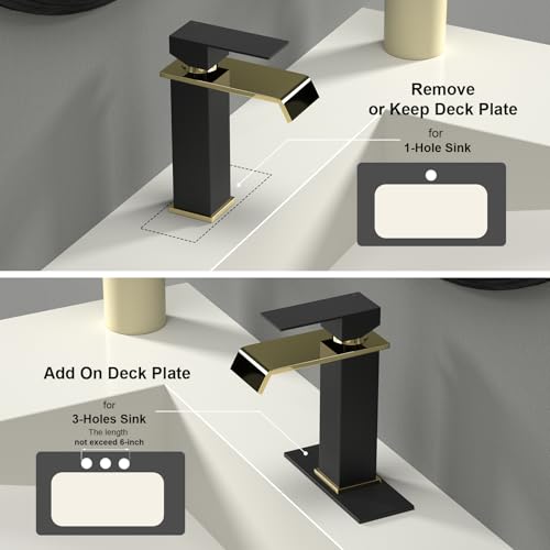 Bathroom Faucet Black & Gold Bathroom Sink Faucet Waterfall, Single Handle Vanity Faucet 1 Hole SUS304 Stainless Steel NSF PEX Tubing, CEC Certified, Pop-Up Drain & Supply Lines Included - color: Black and Gold, size: Short