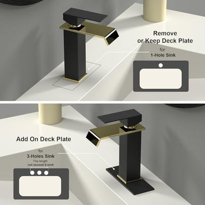 Bathroom Faucet Black & Gold Bathroom Sink Faucet Waterfall, Single Handle Vanity Faucet 1 Hole SUS304 Stainless Steel NSF PEX Tubing, CEC Certified, Pop-Up Drain & Supply Lines Included - color: Black and Gold, size: Short