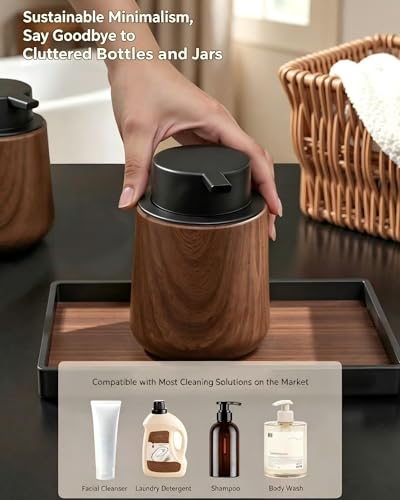 Walnut Wood Grain Foaming Soap Dispenser, Refillable Foam Bottle | Foaming Hand Soap Pump Dispenser for Bathroom, Kitchen, Modern Farmhouse Decorative Liquid Soap Dispenser, 9 oz