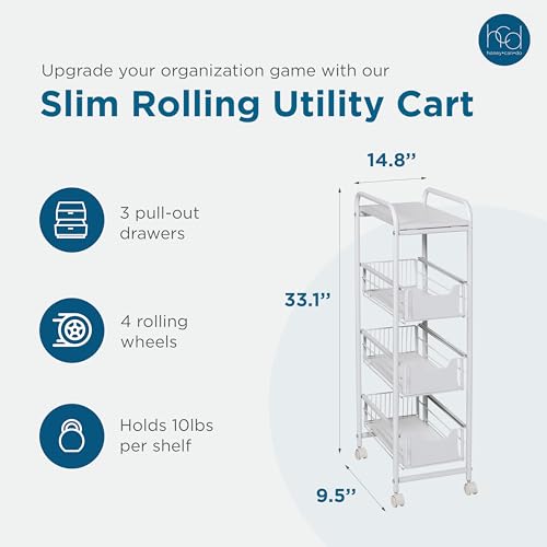 Honey-Can-Do 4-Tier Slim Rolling Metal Utility Cart with Drawers, White