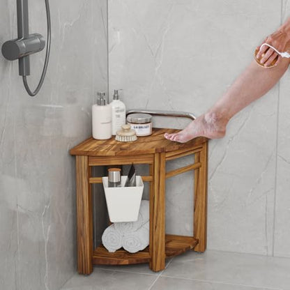 Kiasthome Teak Corner Shower Bench, Waterproof Bathroom Teak Shower Bench, Sturdy Non-Slip Bath Shower Foot Stool for Shaving Legs with Storage Baskets and Shelves - size: Large