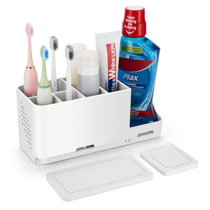 YONGAIJIA 8-Slot Toothbrush Holder with Quick-Dry Diatom Mud Board - Electric & Manual Toothbrush Organizer for Bathroom Countertop (White) - color: White