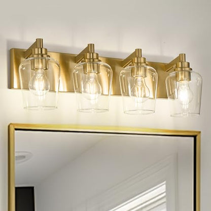 4-Light Brushed Gold Bathroom Vanity Light, Wine Clear Glass Shades | 25.4" modern bathroom light fixtures over mirror, E26 base, bulbs not included, VL155-BG-4 - color: Brushed Gold, Wine Glass Shade, size: 4-light