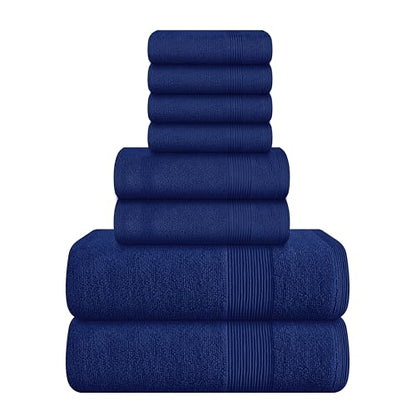 8 Piece Towel Set 100% Ring Spun Cotton, 2 Bath Towels 27x54, 2 Hand Towels 16x28 and 4 Washcloths 13x13 - Ultra Soft Highly Absorbent Machine Washable Hotel Spa Quality - Navy Blue - color: Navy Blue, size: 8 Piece Towel Set