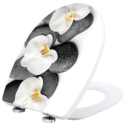 White Plastic Oval Toilet Seat with Quick Release, Top Fixing, Adjustable Hinges, Seagull and Starfish Design, One Size - color: Stone and Flower