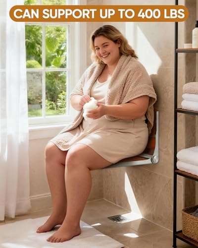Folding Shower Seat Chair for Inside Shower Wall Mounted for Small Spaces | Teak wood & stainless steel, folds flat to 2", 400lb capacity, safety pinch-proof design for bathroom/sauna/dressing.