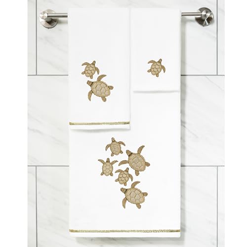 Jewel 4-Piece Premium Towel Set, Embroidered Turtles, Plush Turkish Cotton, Durable & Quick Dry, Elegant Beach Style, 2 Bath 2 Hand Towels, White - color: White, size: 2 Pcs Bath 2 Pcs Hand Towel