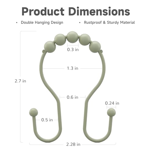 Bathway Sage Green Shower Curtain Hooks Shower Curtain Rings Rust Proof Sturdy Metal Double Shower Curtain Hooks, Shower Hooks for Shower Curtain Bathroom Shower Rod Hooks Hangers - color: Sage Green