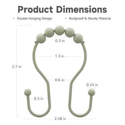 Bathway Sage Green Shower Curtain Hooks Shower Curtain Rings Rust Proof Sturdy Metal Double Shower Curtain Hooks, Shower Hooks for Shower Curtain Bathroom Shower Rod Hooks Hangers - color: Sage Green