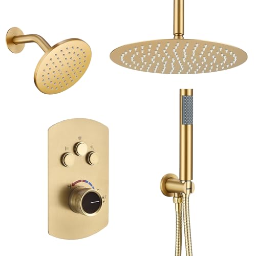 MONDAWE 12 Inch Ceiling Mounted Brushed Gold Shower System, 3-Functions Shower Faucet Set with Rainfall Dual Shower Head and High Pressure Handheld Spray, All Function Can be Used At the Same Time - color: Brushed Gold