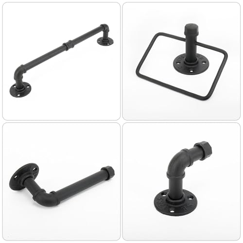 5-Pieces Industrial Pipe Bathroom Accessories Hardware Kit DIY Wall Mounted Includes Towel Bar Robe Hooks Toilet Paper Holder and Towel Ring (Black, 18 Inch)