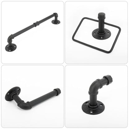 5-Pieces Industrial Pipe Bathroom Accessories Hardware Kit DIY Wall Mounted Includes Towel Bar Robe Hooks Toilet Paper Holder and Towel Ring (Black, 18 Inch)
