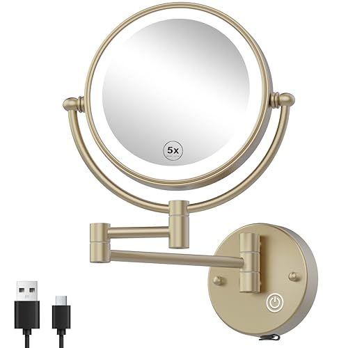 8" Rechargeable Brass Wall Mounted Magnifying Mirror with Lights, 1X/5X Cordless Double Sided 3-Colors LED Touch Dimmable Extended 360 Rotation Vanity Mirror for Bathroom, Satin Brushed Gold - color: Satin Brushed Gold
