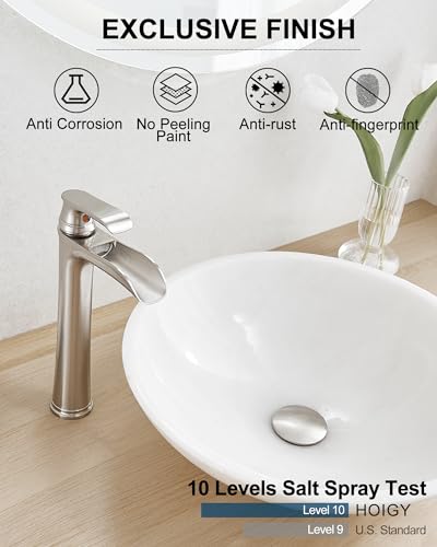 Brushed Nickel Bathroom Faucet Brass Waterfall Faucet for Bathroom Sink, Tall Vessel Sink Faucets, Vanity Faucet 1 Hole Single Handle with Pop-Up Drain Supply Hoses for Lavatory RV Farmhouse - color: Brushed Nickel
