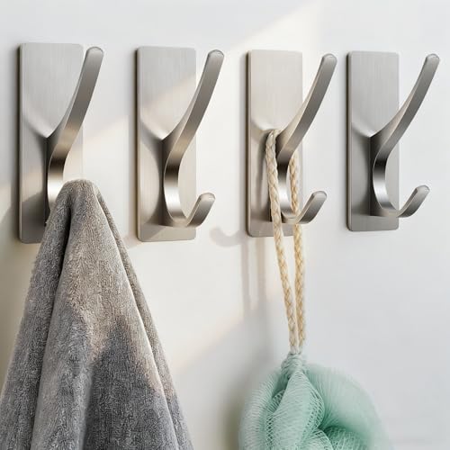 Self Adhesive Towel Hooks: Extra Strong 13LB, Stainless Hook for Hanging Loofah, Towels, Coat, Bath Robe Bathroom Shower, Brushed Nickel, 4 Pack - color: Brushed Nickel, size: 4 Pack