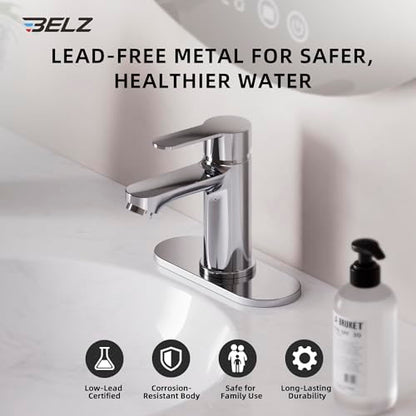 BELZ Chrome Bathroom Faucet, Lead-Free for 1 or 3 Hole 4" Vanity Sink | NSF372 Compliant,Anti-peeling PVD Finish,Includes Pop-up Drain & Hoses,Single Handle Modern Design, Easy DIY Install - color: Polished Chrome