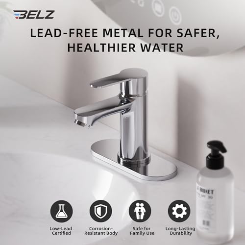 BELZ Chrome Bathroom Faucet, Lead-Free for 1 or 3 Hole 4" Vanity Sink | NSF372 Compliant,Anti-peeling PVD Finish,Includes Pop-up Drain & Hoses,Single Handle Modern Design, Easy DIY Install - color: Polished Chrome